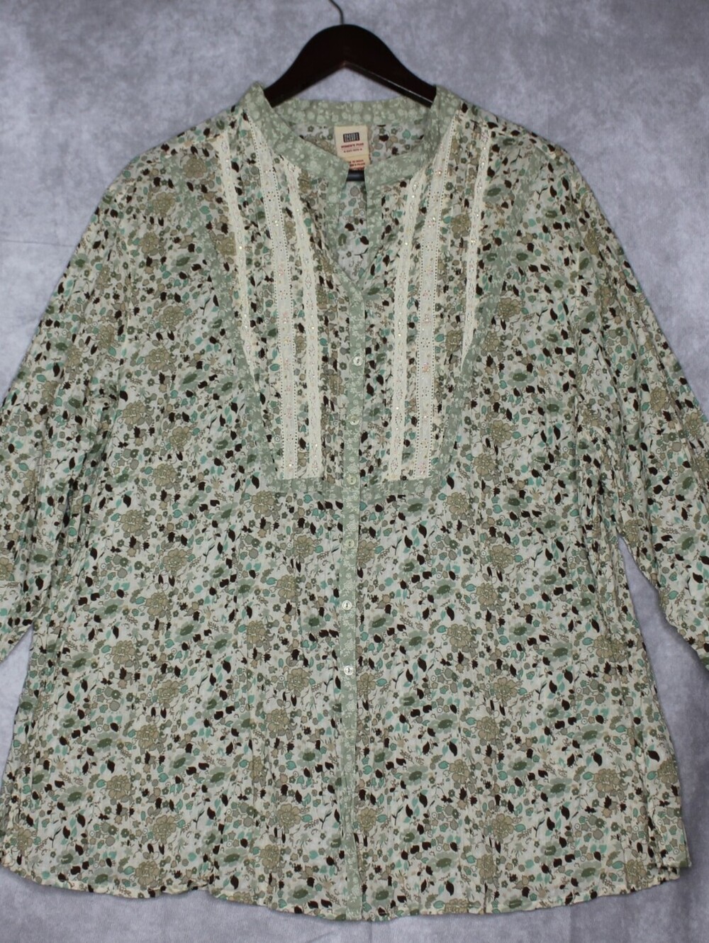 Vintage Plus Size Green Ditsy Floral & Lace Boho Blouse Faded Glory Size 26W/28W